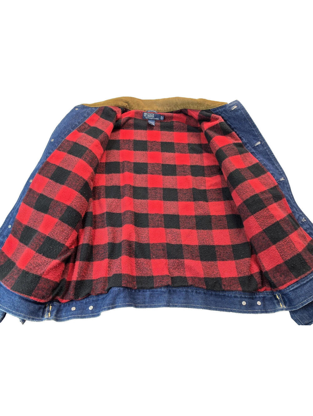 Polo Ralph Lauren Dungaree Vintage 90s Red Plaid Lined Denim Jacket Mens Large L - Picture 6 of 7